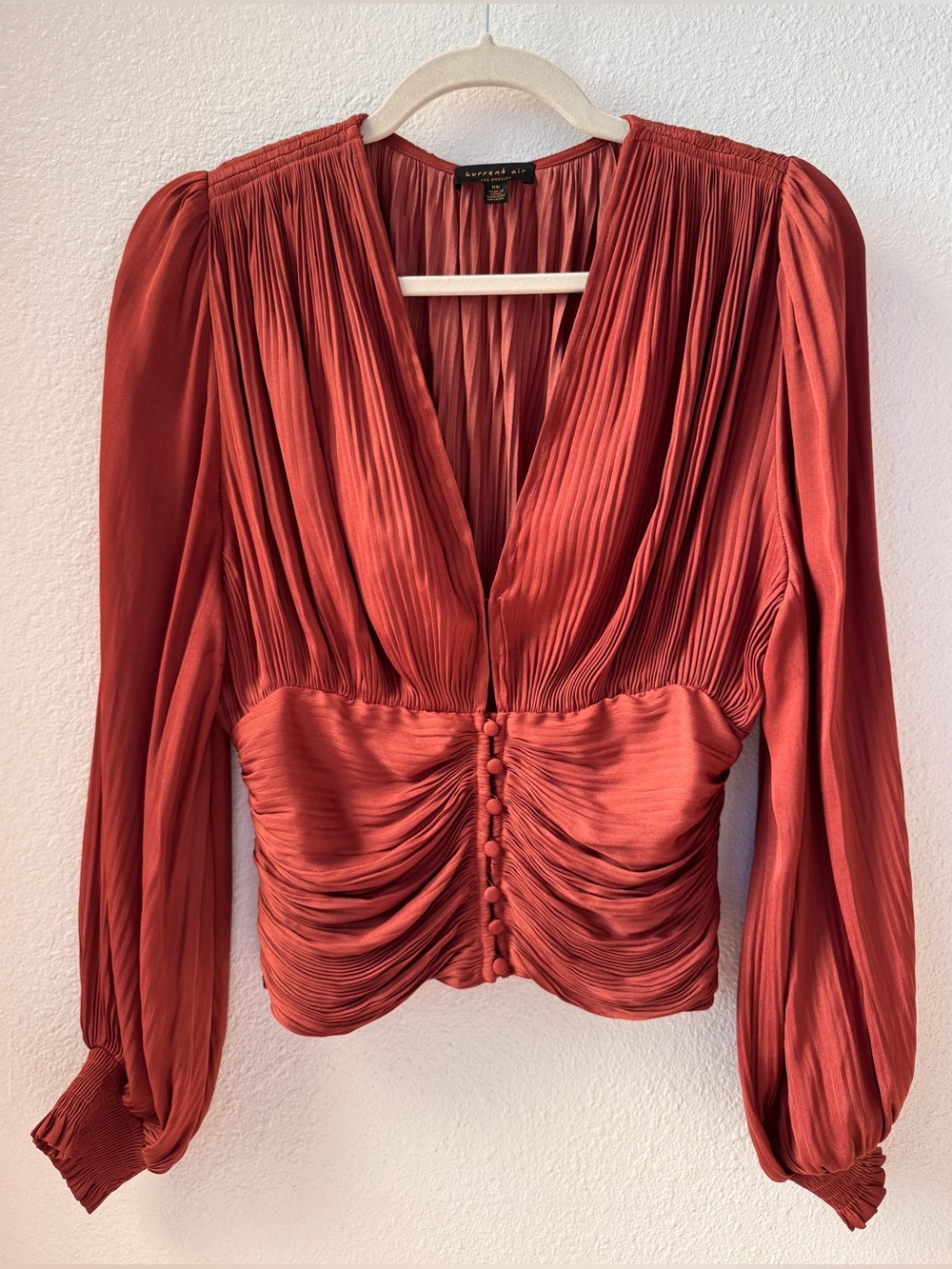 Anthropologie Elegant Satin Blouse, Button Front Top, Brown / Rust Size XS